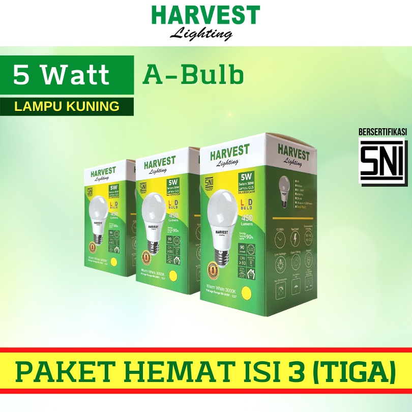 5W - Paket Isi 3 - HARVEST LIGHTING Lampu Bohlam LED A Bulb  5 Watt Lampu Hemat Energi Original Bersertifikasi SNI dan Bergaransi