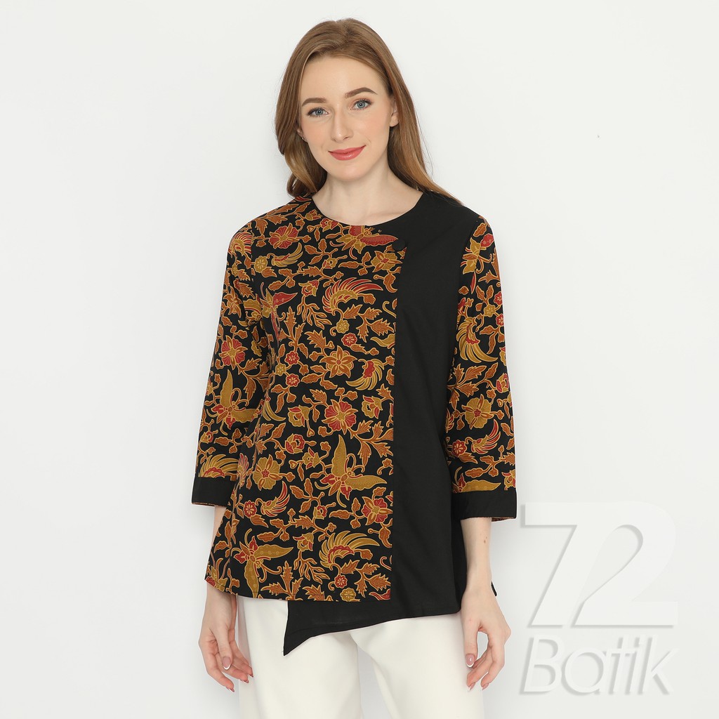 BLUS BATIK PREMIUM KATUN BLOUSE WANITA MOTIF KUPU WARNA KUNING MERAH HITAM 728277 CAP 72