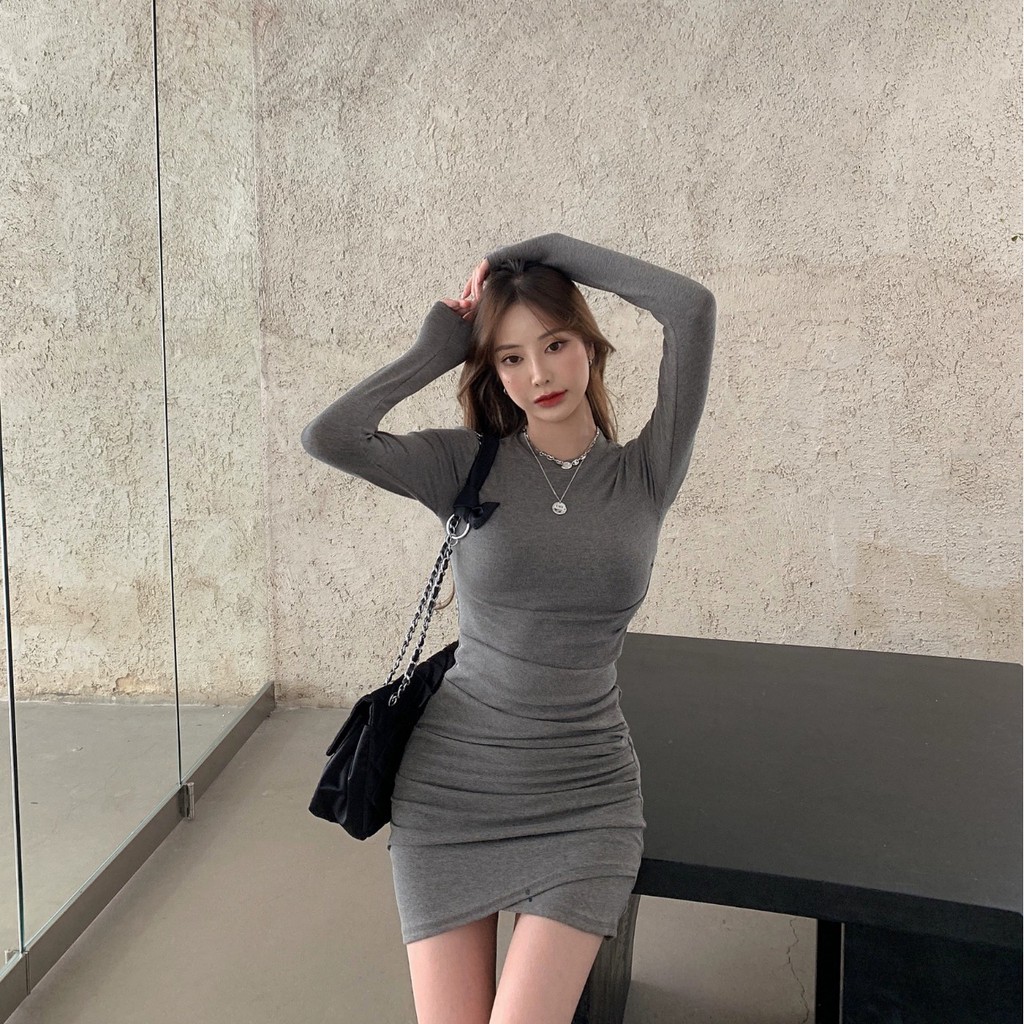 Long Sleeve Mini Dress Bodycon Dress Wanita Lengan Panjang 1130 (S-XL)