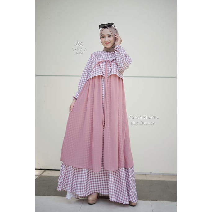 Gamis set outer 2in1 ceruty venyta elsyifa berbagai motif rara lula lulabi lulana ceruti babydoll longdress baju muslim busana muslimah modern ootd fashionable selebgram hits modis reseller dropshiper cardigan rompi baju muslim modern modis