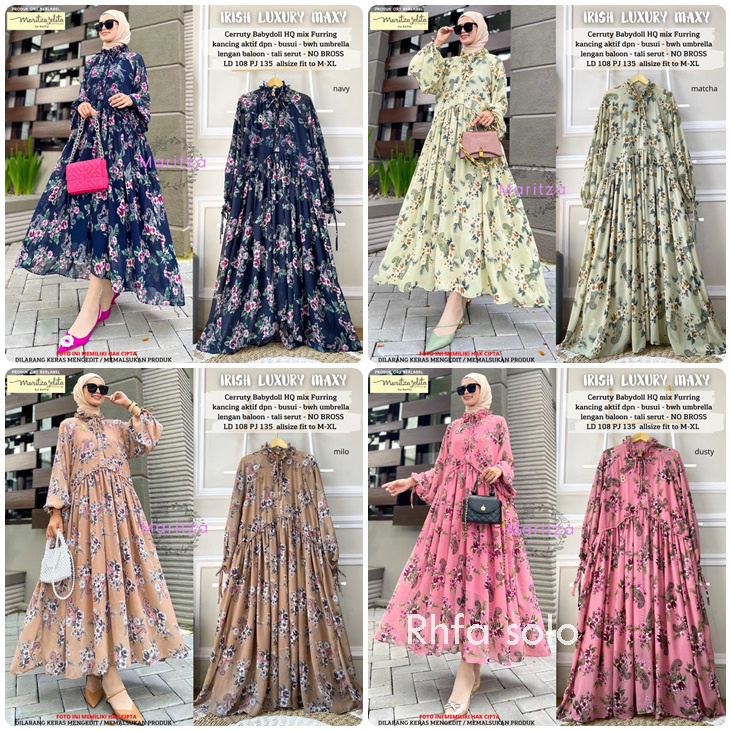 IRISH DRESS MAXY / 10.6 / BAHAN CERUTY BABYDOLL HQ / FULL FURING / BUSUI / LD 108 CM / PB 135 CM / ALLSIZE M-ZL / MARITZA