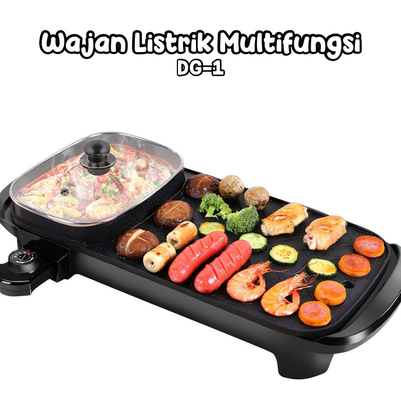 Kompor Panggangan Bbq Dan Hotpot Elektrik 2 In 1 Grill Bbq Hotpot Elektrik Anti lengket Panggangan listrik serbaguna Bakar Bakso Sate Sosis Rebus Goreng Bakar Panci Listrik Barbeque Steamboat Teppanyaki Panggangan-DG-1+bubble