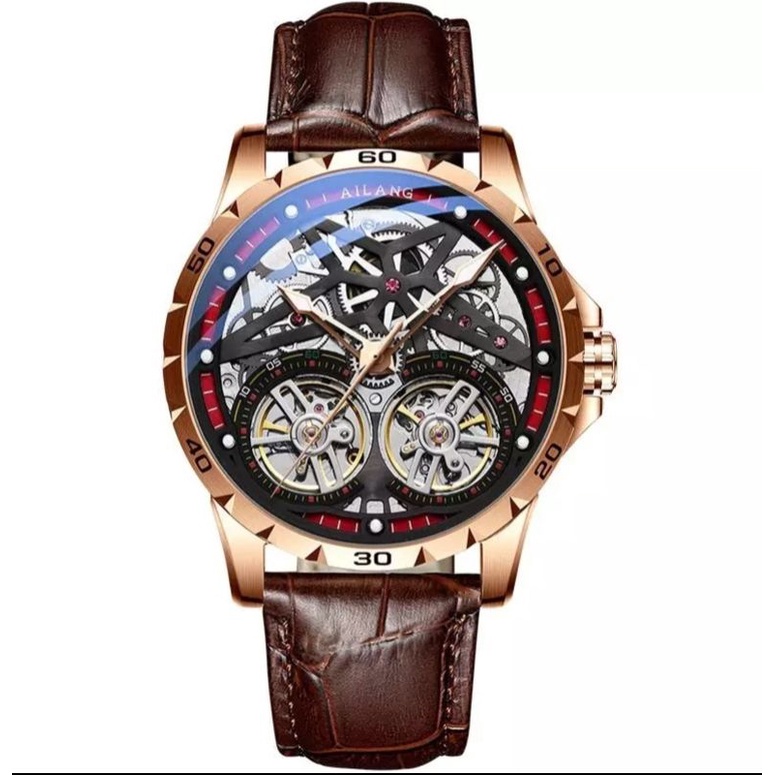 Jam Tangan Pria Otomatis Ailang Original Double Tourbillon Mechanical Skeleton Klasik Sporty