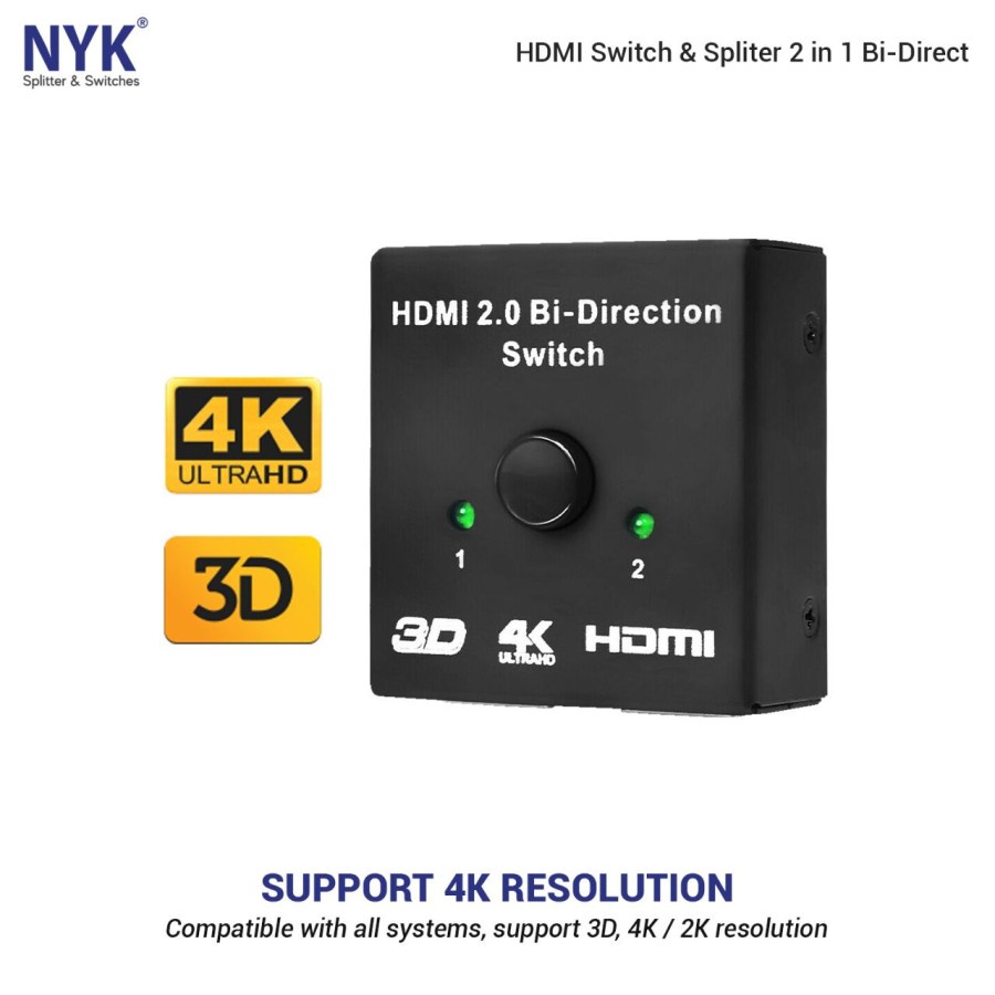 NYK HDMI Switch + Splitter 2 in 1 Bi-Direct 2 Port 4K - 2K