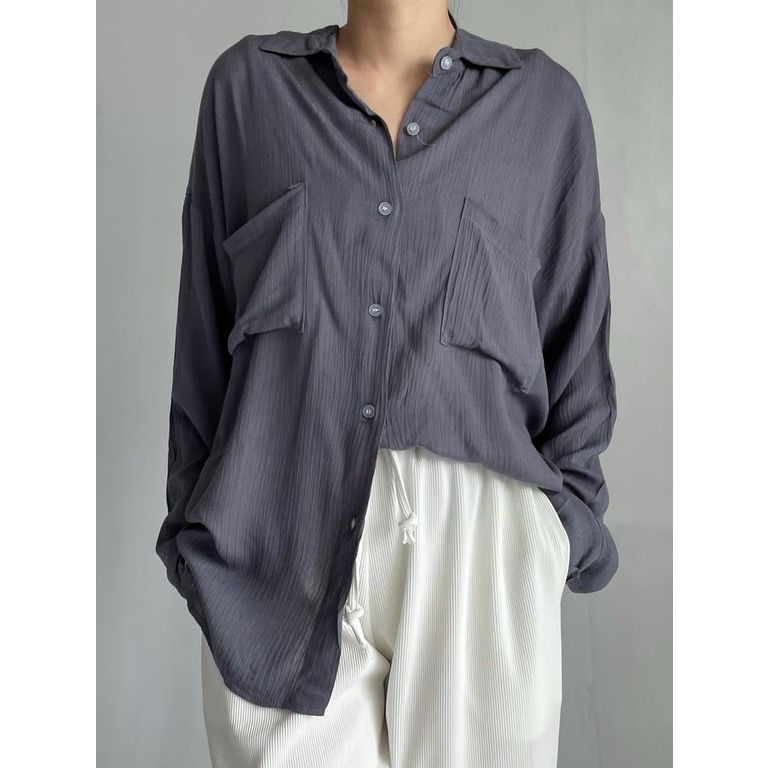 Kemeja Wanita Polos Oversize Lyla Shirt Lengan Panjang Bahan Rayon Cringle