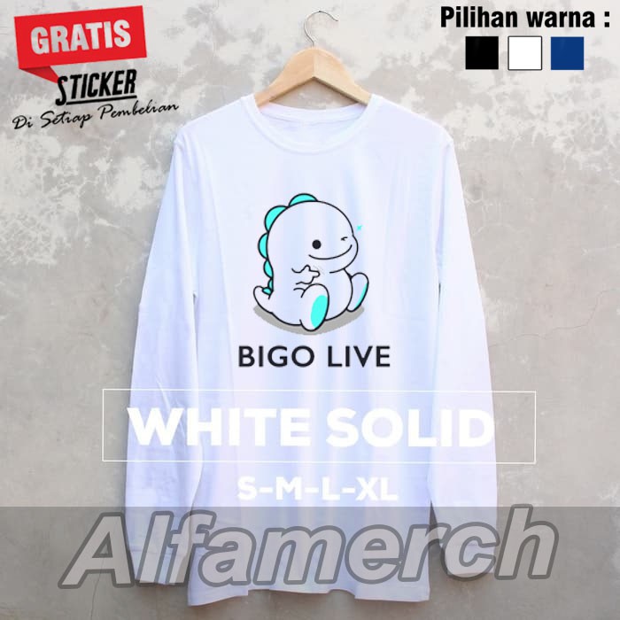 Baju Kaos Polos Lengan Panjang BIGO LIVE Putih Pria Wanita  ALFAMERCH