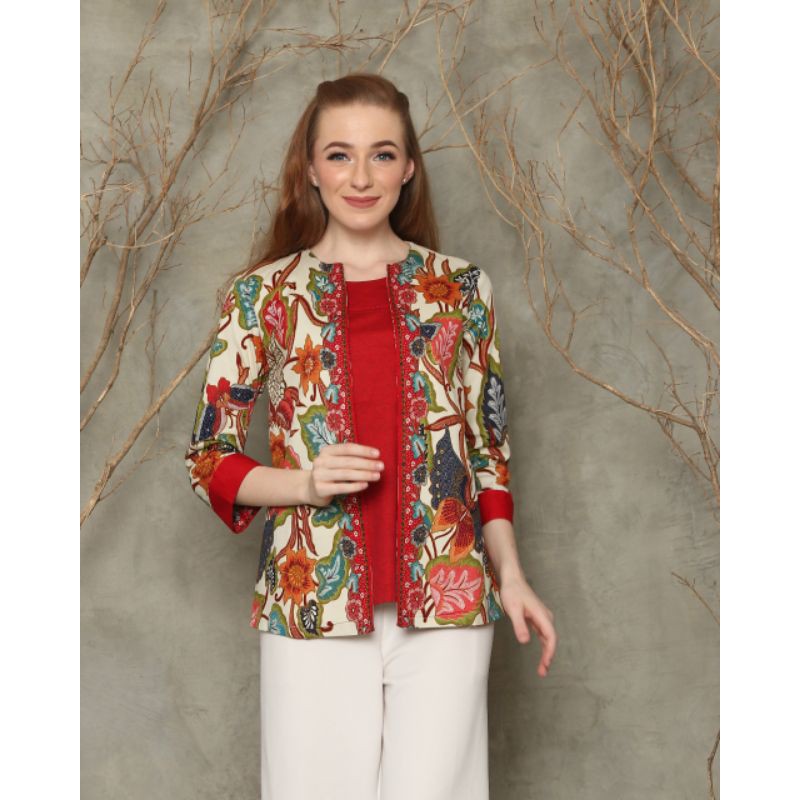 Atasan Blouse Batik Wanita Lengan 7/8 Edisi Imlek Warna Merah, 242 AUS / ACI#-Blouse 242 ACI creme