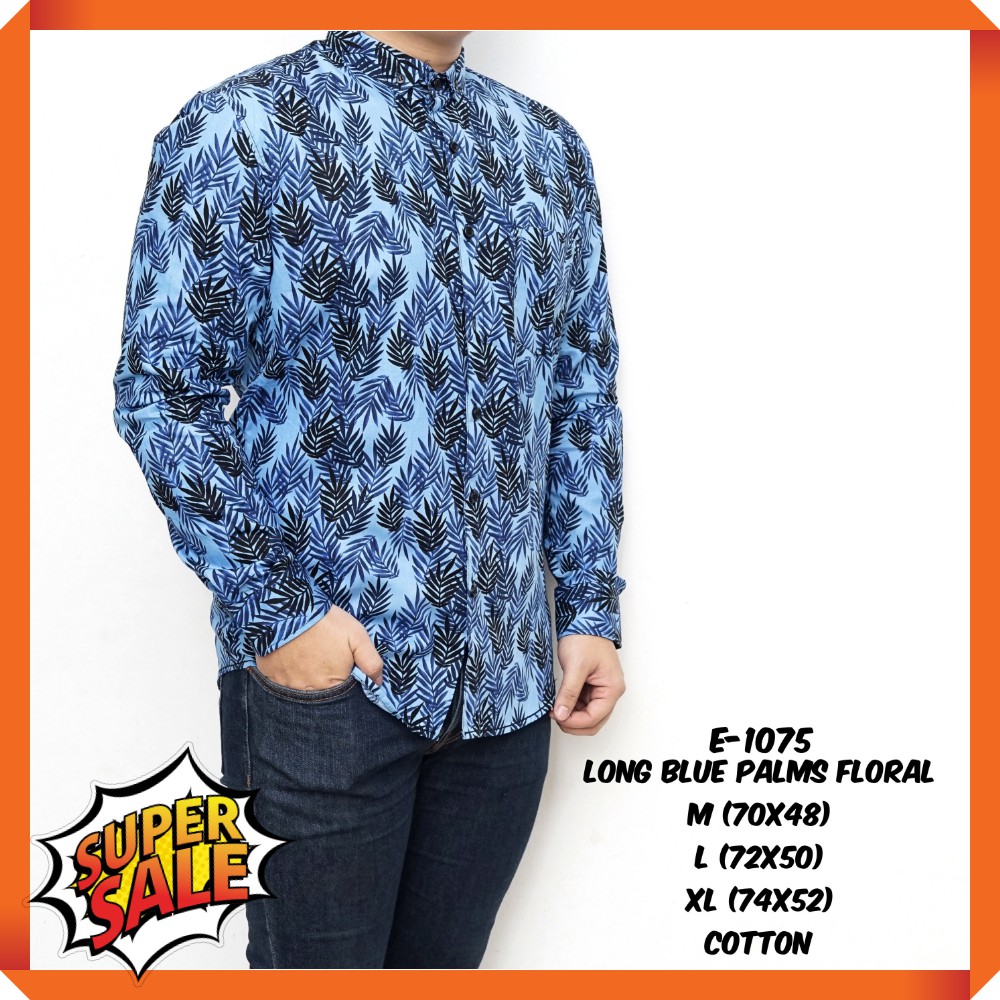 Kemeja Pria Motif Lengan Panjang Long Blue Palma Floral  E-1075
