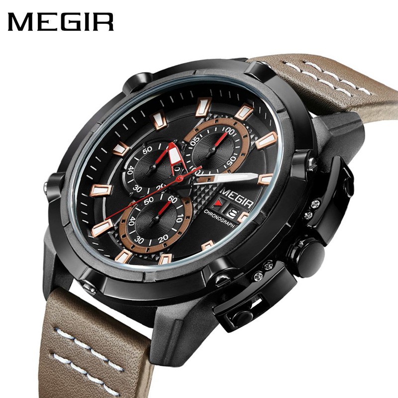 MEGIR 2062 Jam Tangan Pria Analog Chronograph Tanggal Aktif Tali Kulit WATCHKITE WKOS