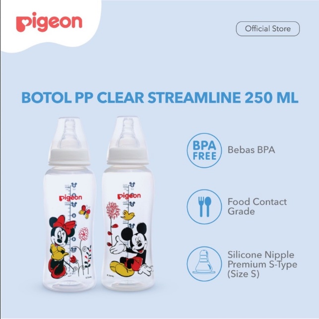 BOSU314 PIGEON BOTOL SUSU  PP CLEAR STREAMLINE MICKEY, MINNIE 250ML