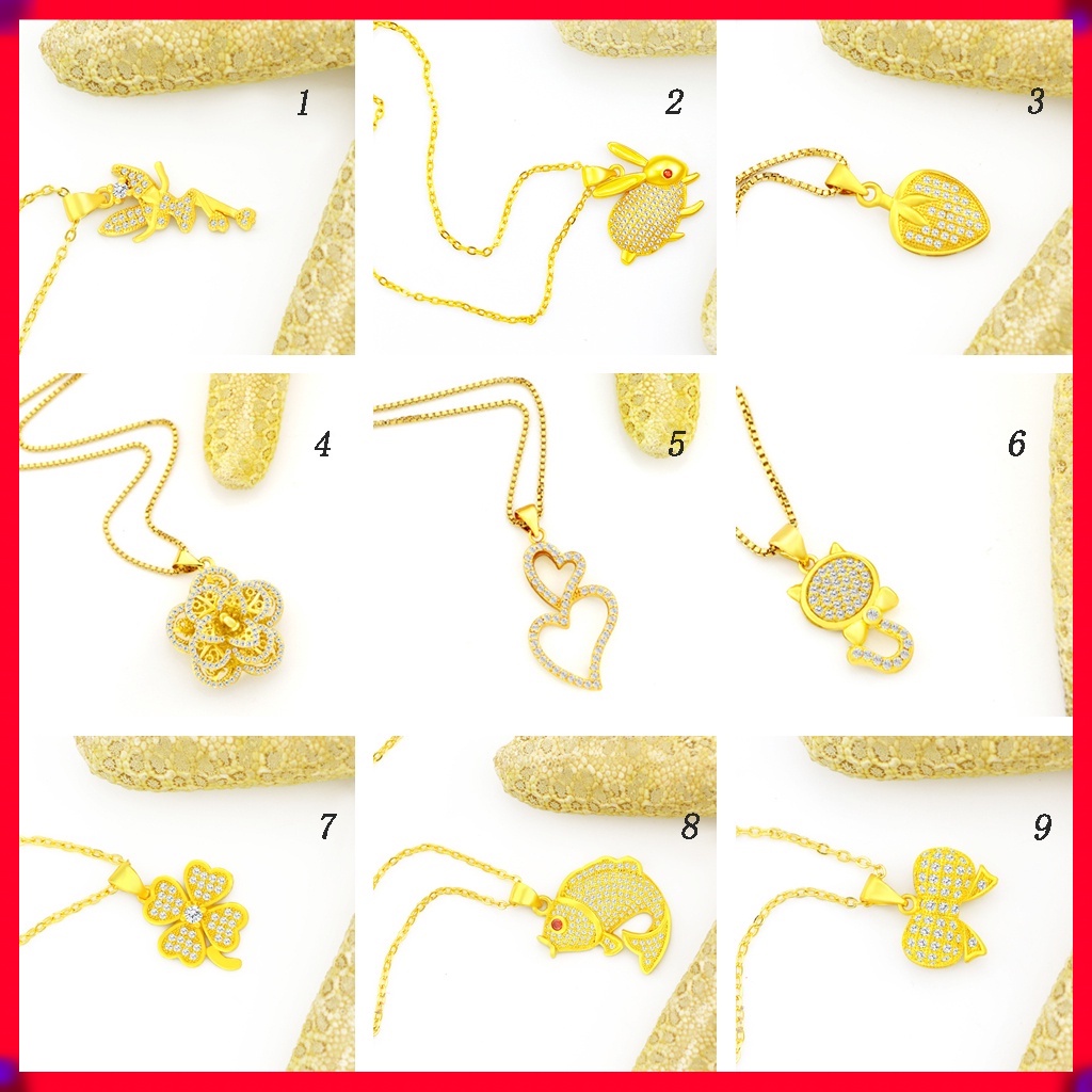 Kalung Rantai Lapis Emas Asli Kadar 375 Liontin Hati / Bunga / Cherry / Angsa / Ruby / Berlian Imitasi Untuk Wanita