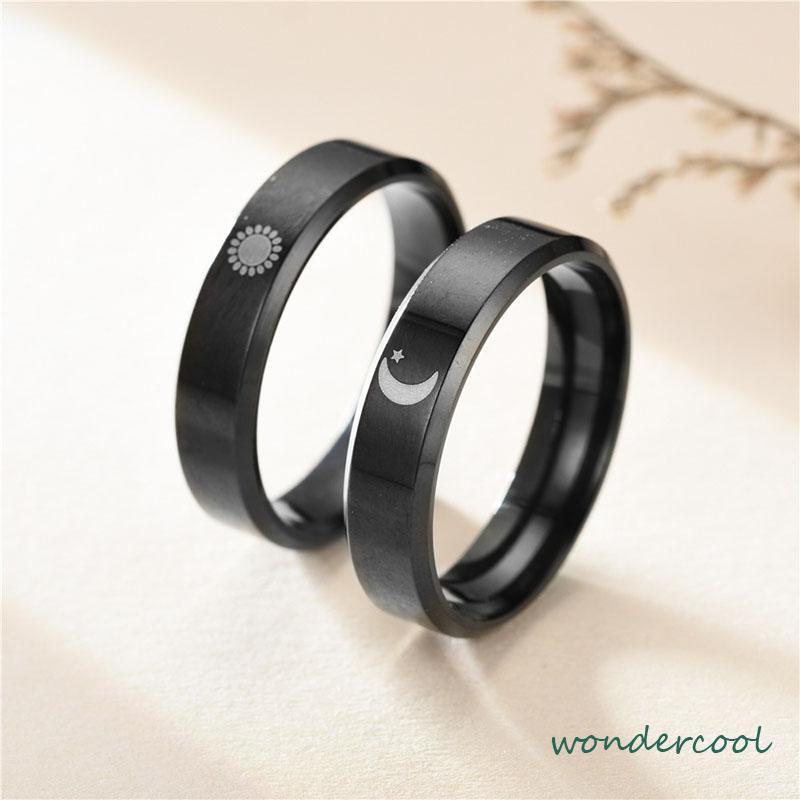 Simple Moon Sun Couple Trendy Wide Love Rings Hadiah Indah untuk Pacar Pacar di Hari Valentine-Won