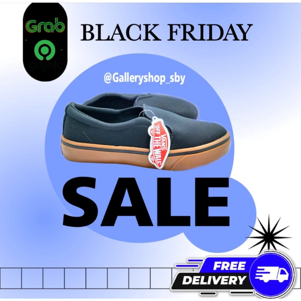 Sepatu Vans Slip On Black Gum Hitam Karet Sneakers Casual Sekolah Kerja Kuliah Formal Murah Awet model kekinian