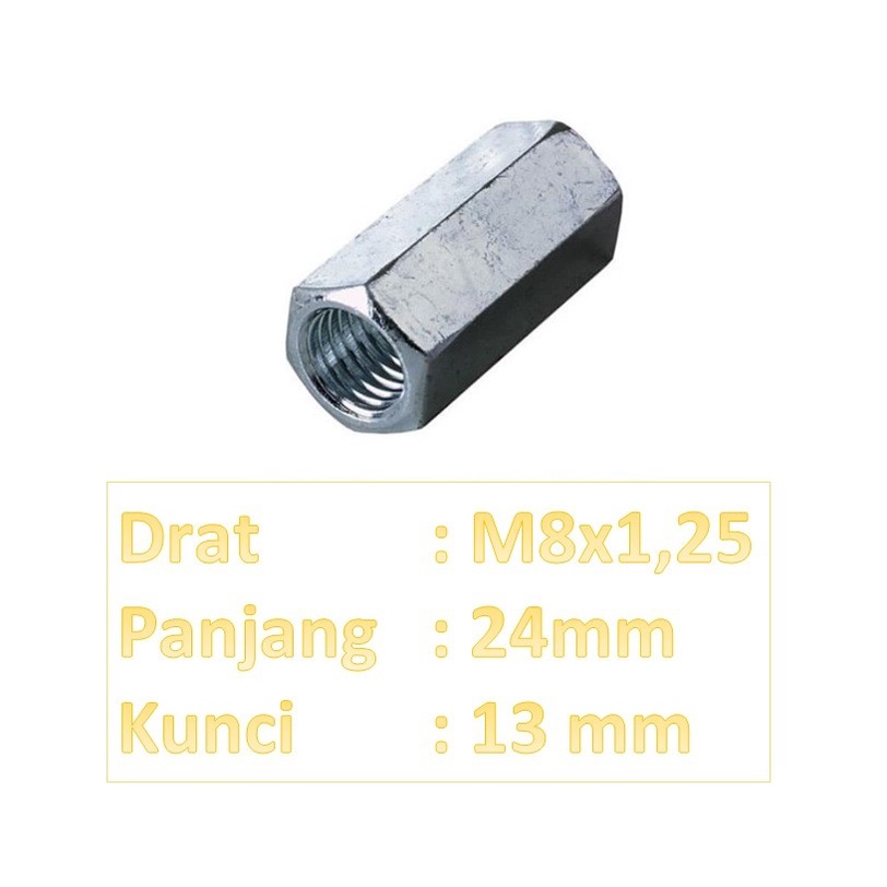 M8X24 LONG NUT / MUR PANJANG M8X24 / LONG NUT M8 MUR PANJANG / M8 X 24 PUTIH GALVANIZ