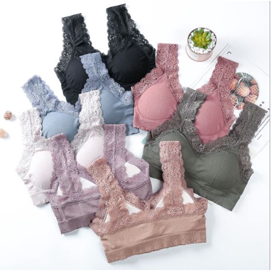 BV.ID BR025 BH WANITA SPORTS BRA V-NECK AKSEN HEM LACE DENGAN PAD BUSA UNTUK YOGA COD