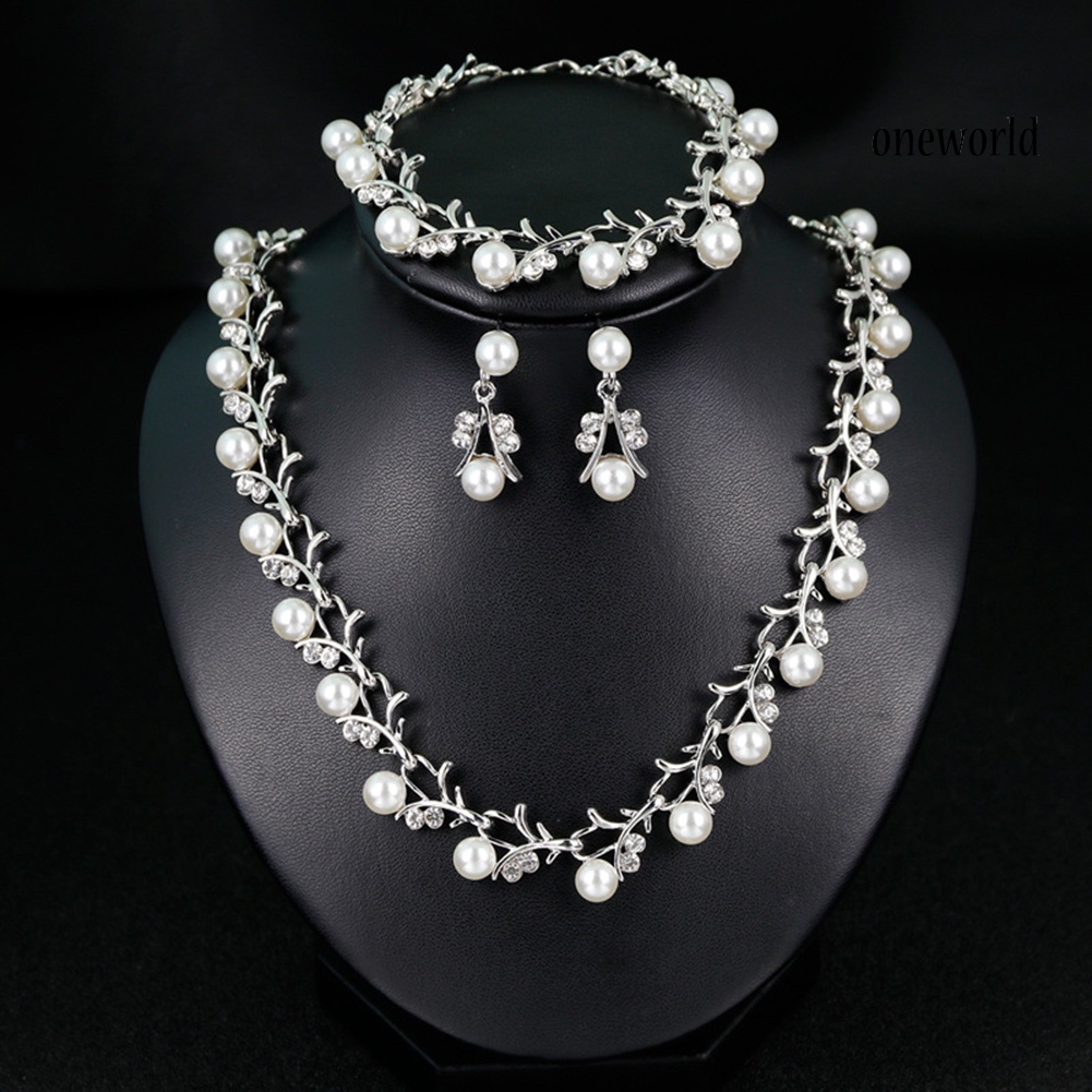 OW@ Women Bride Faux Pearl Rhinestone Necklace Stud Earrings Bracelet Jewelry Set