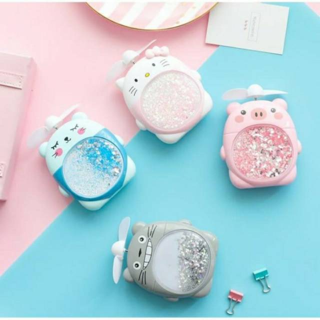 Kipas Angin Mini Portable + LED + Glitter KT Mini Fan