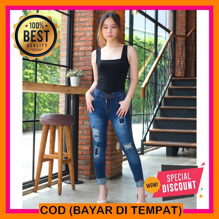 7006 Slit Front Line Jeans Wanita Stretch Jumbo Electrik Blue Pre XO898 Celana Jeans Wanita Cleo Rip