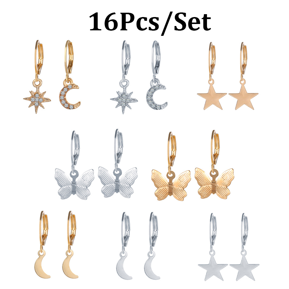 YEEZII 18pcs / Set Anting Rumbai Kristal Strawberry Bintang Butterfly Emas Bahan Logam Gaya Vintage Korea Untuk Wanita