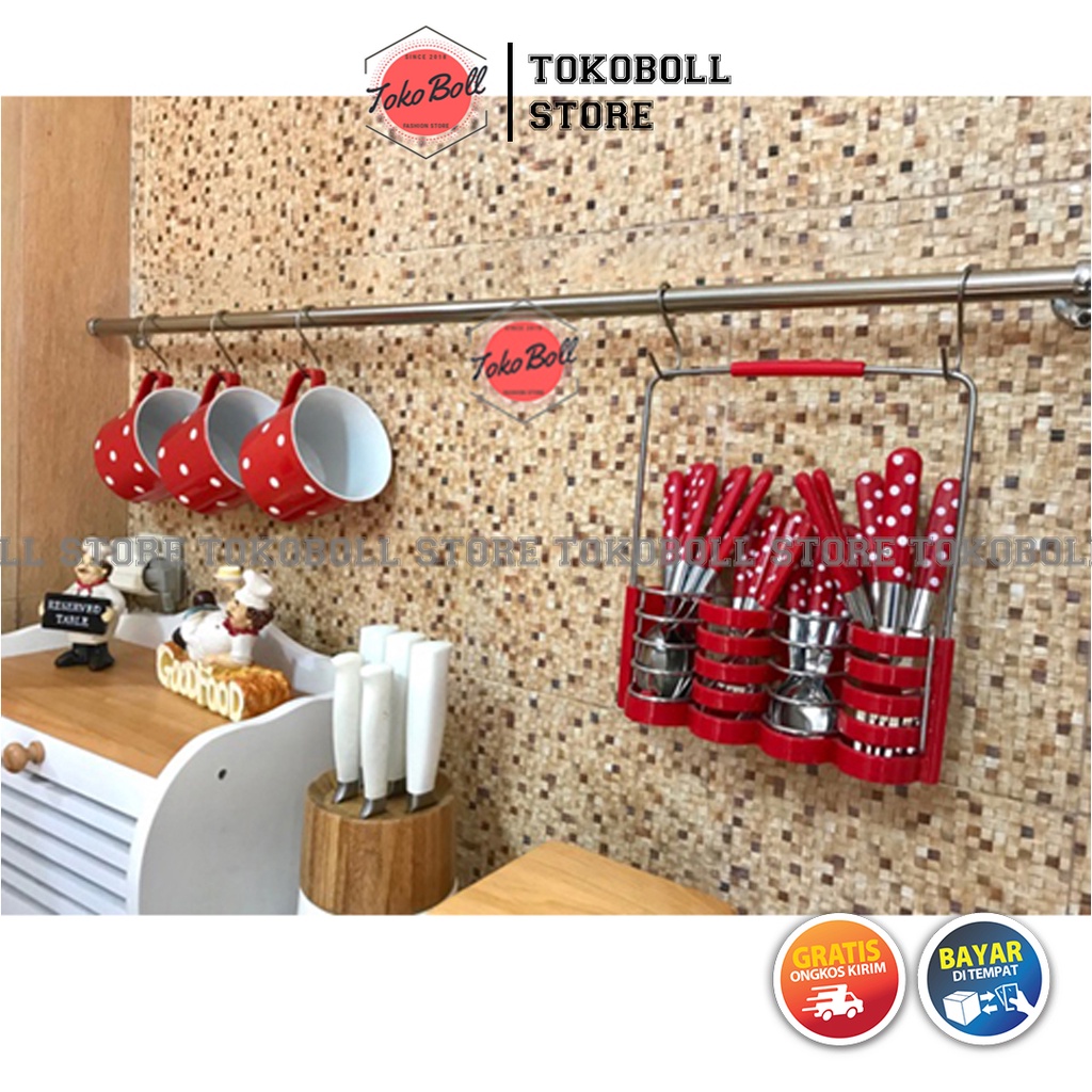 Gantungan Panci Alat Dapur Stainless dan Sendok Makan 1 Set 24pcs Motif