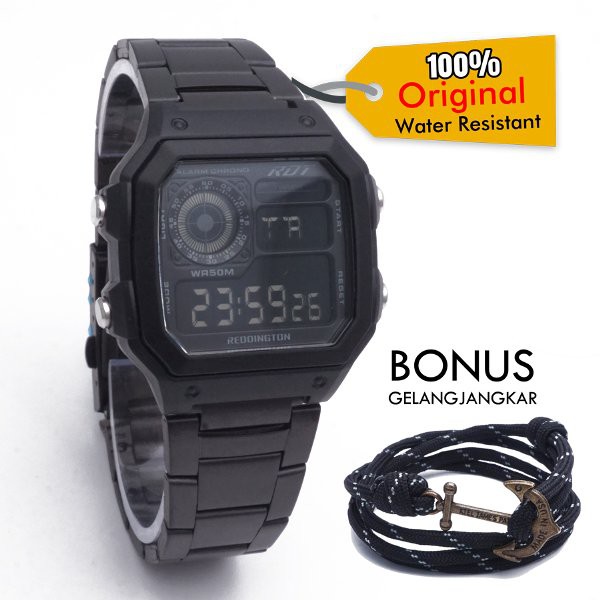 Jam Tangan Original Pria R6100 Digital Tali Rantai Black Bonus Gelang Jangkar
