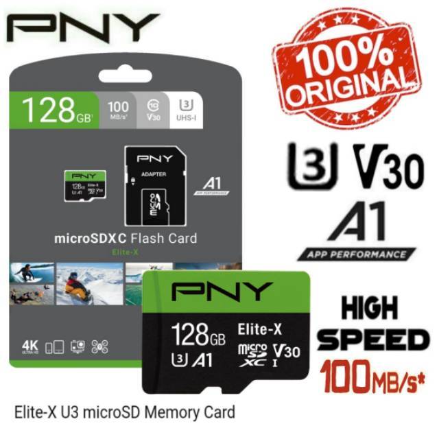 microSD 128GB XC U3 V30 PNY Elite-x 100Mb/s 100% Original