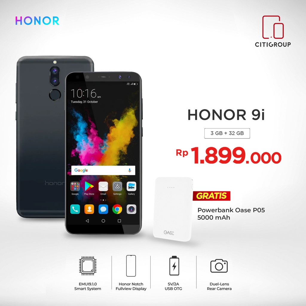 HONOR 9I 3/32GB FREE Power Bank OASE P05 5000 mAh dan Earphone Honor 7S - GARANSI RESMI