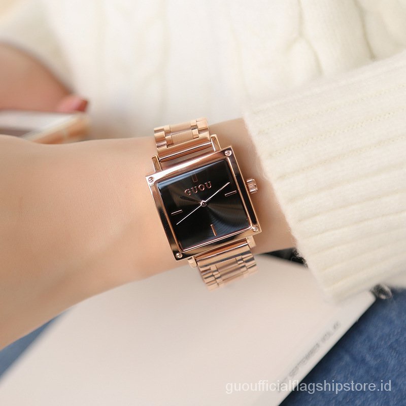 【Factory Outlet】GUOU Watch Square Fashion Sederhana Sabuk Baja Jam Tangan Wanita Grosir Empat Skala Tahan Air Quartz