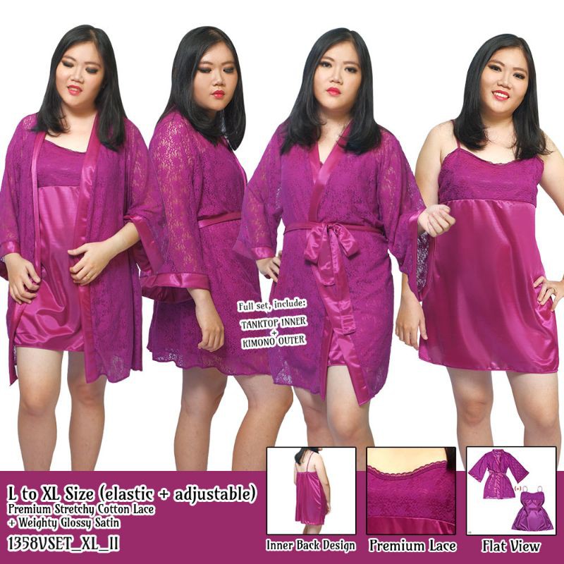 Kimono Wanita Sexy Jumbo Big Size Lace Inner Tanktop pendek satin Bridal 1358VSET