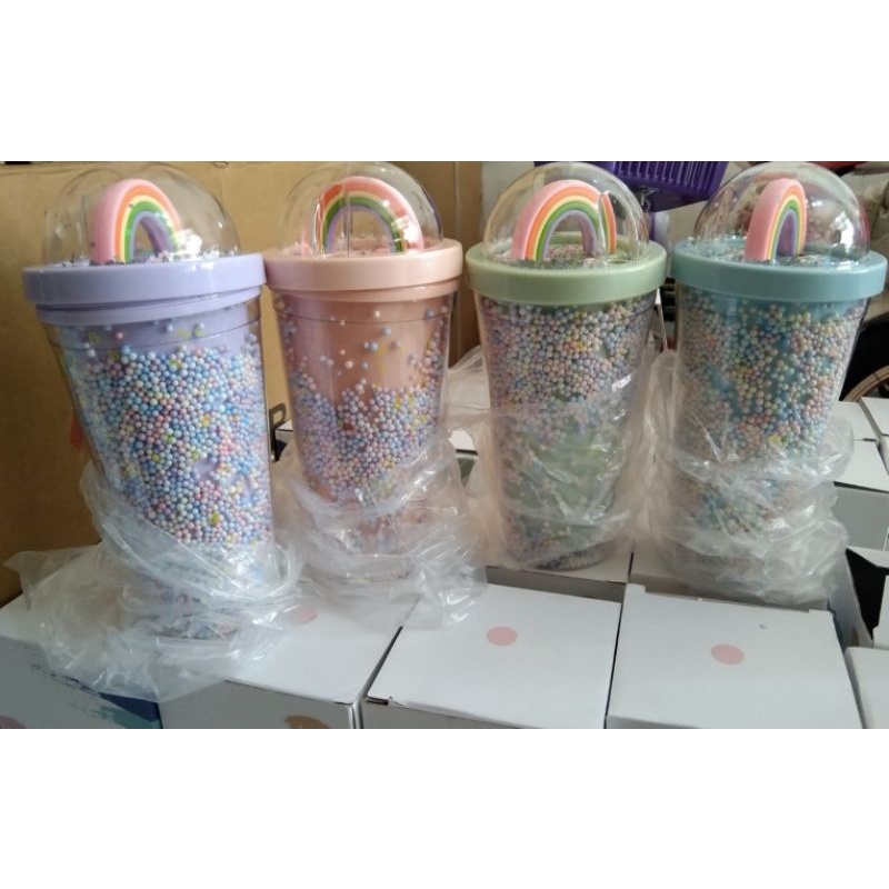 botol minum tumbler glitter rainbow sedotan