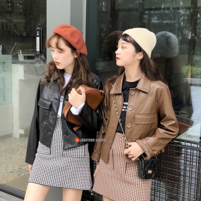 JNK x TRENCH - Jaket Kulit Oversized Wanita OOTD Faux Synthetic Leather Jacket Jumbo Oversize Besar Tebal Original Premium Import Cewek Perempuan Anak Muda Gadis Remaja Dewasa HIts Casual Trendy Elegan Kekinian 2021 Selebgram Hitam Coklat Kerja Kantor Ori