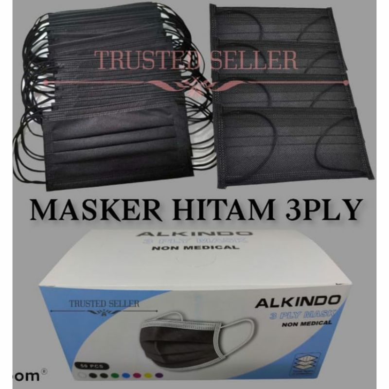 Ready Masker Earloop Hitam 1box isi 50pcs 3ply hitam