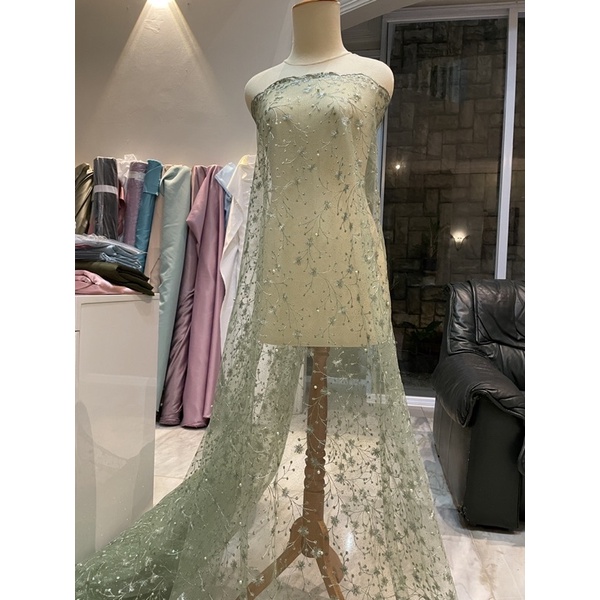 Kain Bahan Kebaya Brokat Tile Mutiara Lotus New Series Warna Sage Green