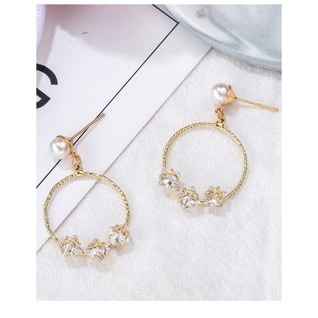 LRC Anting Tusuk Fashion Small Round Pearl Geometric Crystal Earrings F5451X