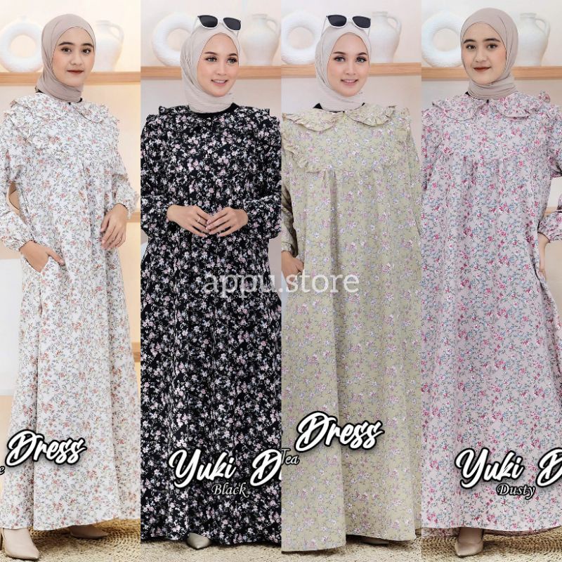 YUKI DRESS BY HIJAB SISTERS | MAXI DRESS JUMBO AIRFLOW CRINKLE LACEY PREMIUM MOTIF BUNGA CANTIK FASH