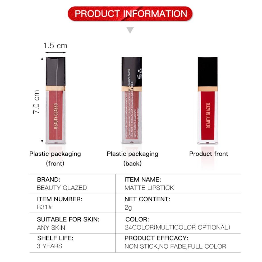 (READY &amp; ORI) Beauty Glazed Lip Matte Lipstick Available in 24 Colors  - B31 B 31 (SHADE 121 - 124)