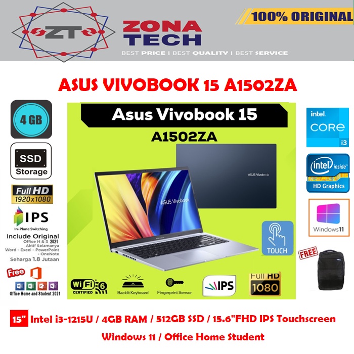 ASUS VIVOBOOK 15 A1502ZA - i3-1215U - 4GB - 512GB SSD - BACKLIT KB - 15.6&quot;FHD IPS TOUCH - WIN11 - OHS