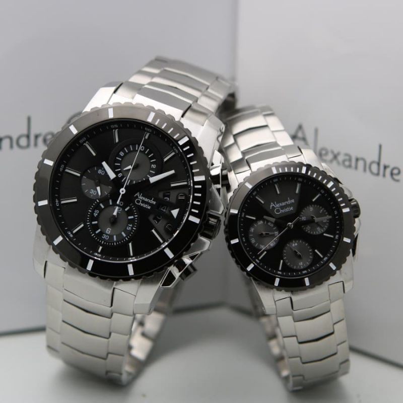 Jam Tangan Couple Alexandre Christie AC6455 M Silver / Black Original