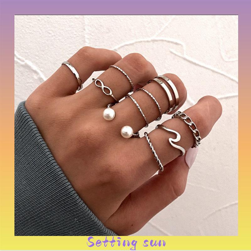 10 Buah Set Wanita Kreatif Sederhana Manik-manik Ganda Cincin Gabungan Geometri Gelombang Mutiara TN