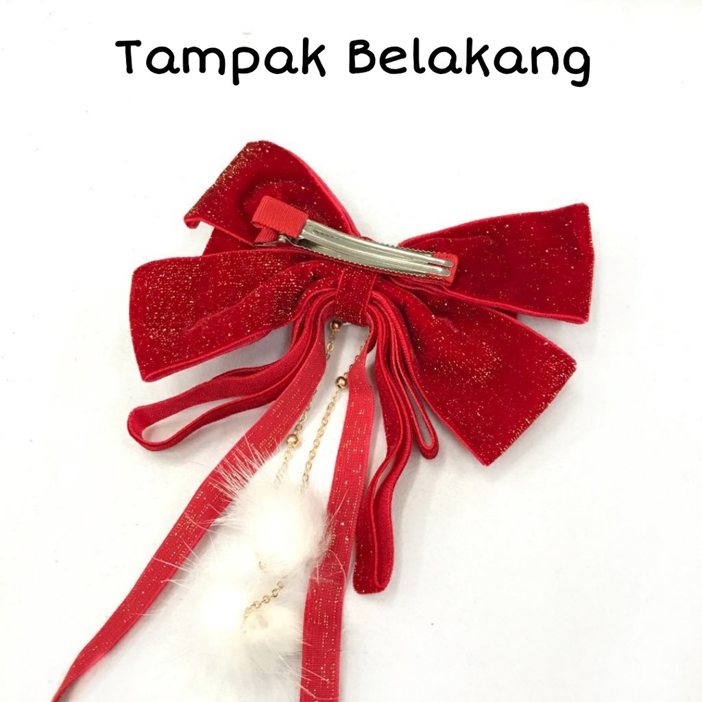 1 BUAH JEPIT IMLEK CNY BAHAN VELVET | BELUDRU GLITER HALUS + GANTUNGAN POM POM