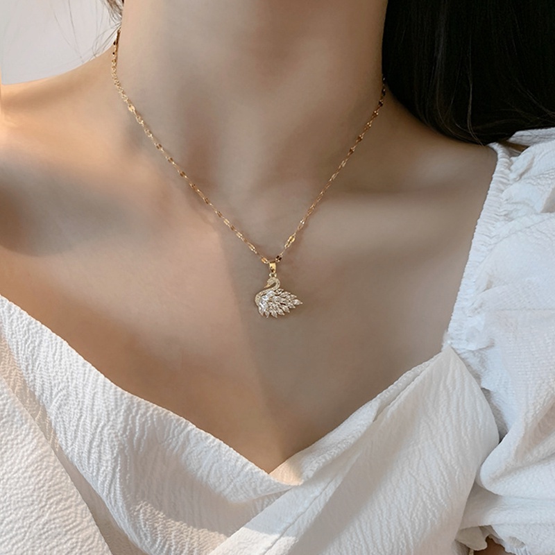 AZ118 [Cod][Ready Stock] Kalung Titanium Angsa Swan Wanita Anti Karat Emas 18k Berlian Kristal Perhiasan Korea