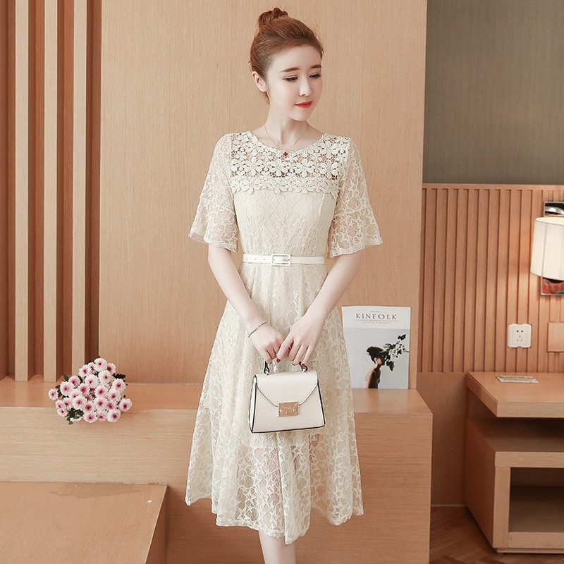 \u2764Dress Midi Model A-Line Slim Lengan Horn Bahan Lace Gaya Korea untuk Wanita