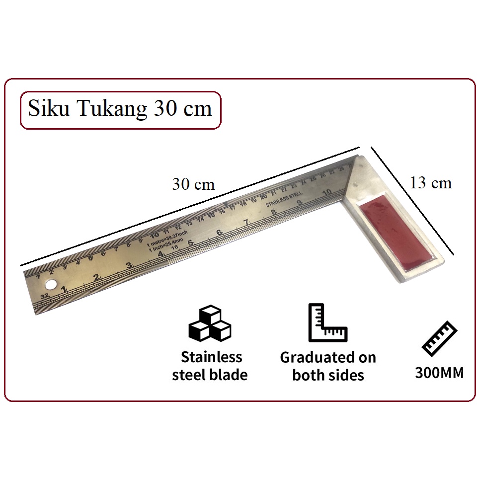 Siku Meter 30 cm / Siku Tukang  30cm / Siku pengaris Murah / Siku Tukang 300mm Siku Meter / Siku tukang 12 inch tebal / Siku pengaris Murah