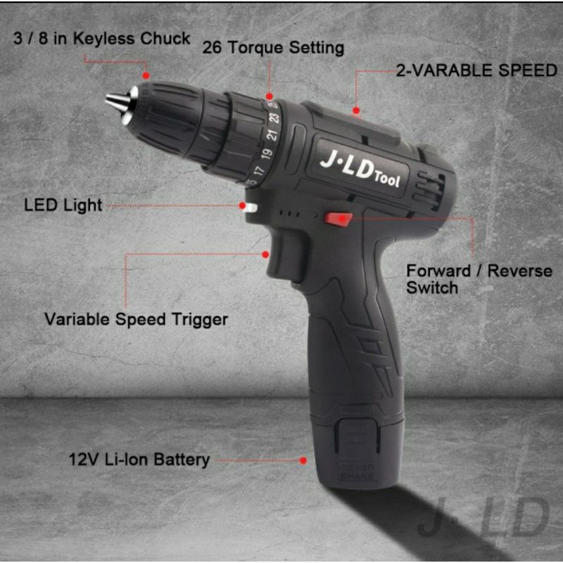 Bor batrei 12v JLD cordless drill 12s batrei 1 bor obeng sekrup bolak balik japan technology