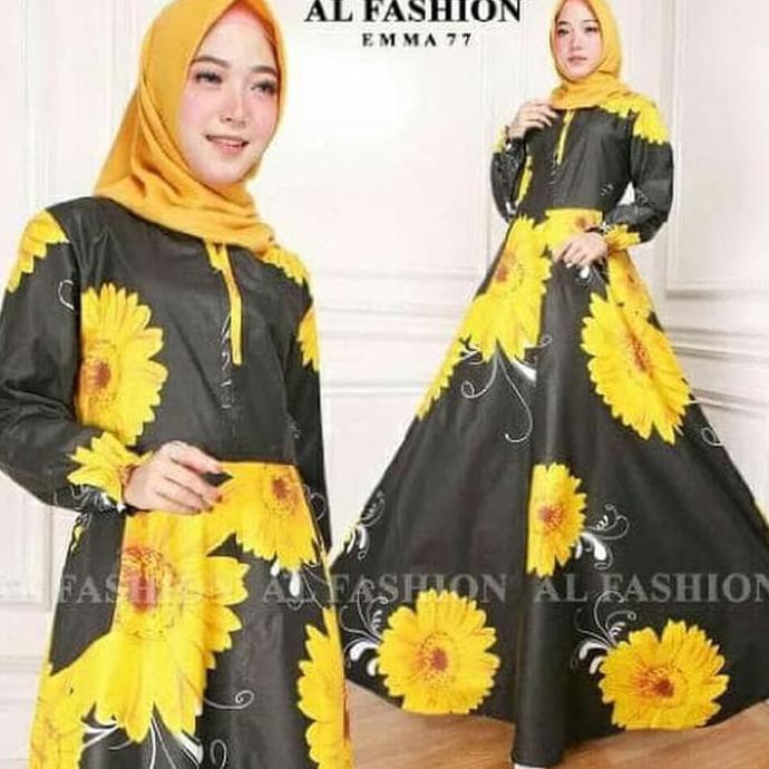 BAJU GAMIS MUSLIM KATUN MEWAH KUNING HITAM / GAMIS PESTA CANTIK