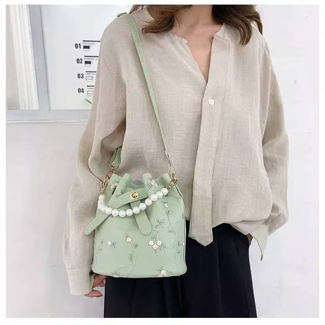 Bucket Bag Motif || Tas Korea Serut Wanita || Tas Korea || Tas Wanita || Tas Selempang
