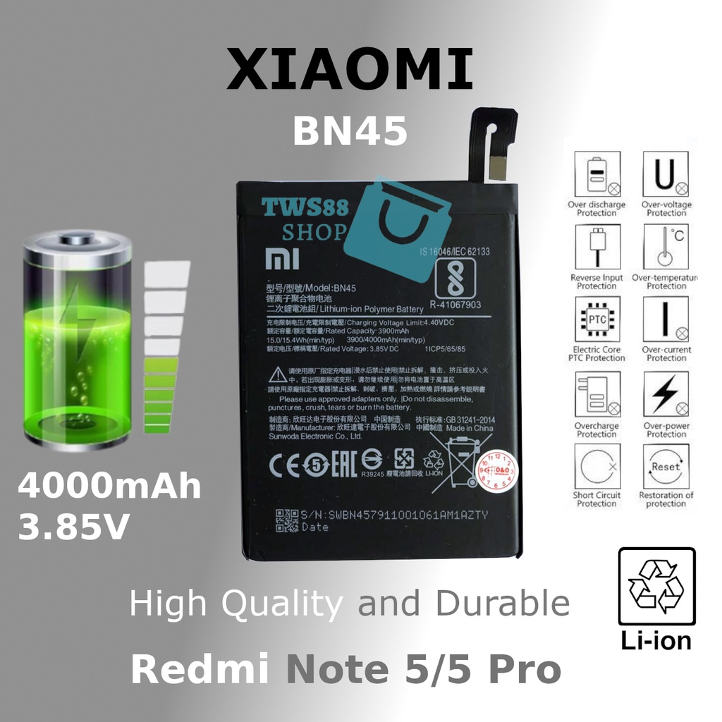 (TWS) Baterai Batre Battery Original Xiaomi Redmi Note 5 /  Note 5 Pro/ BN45