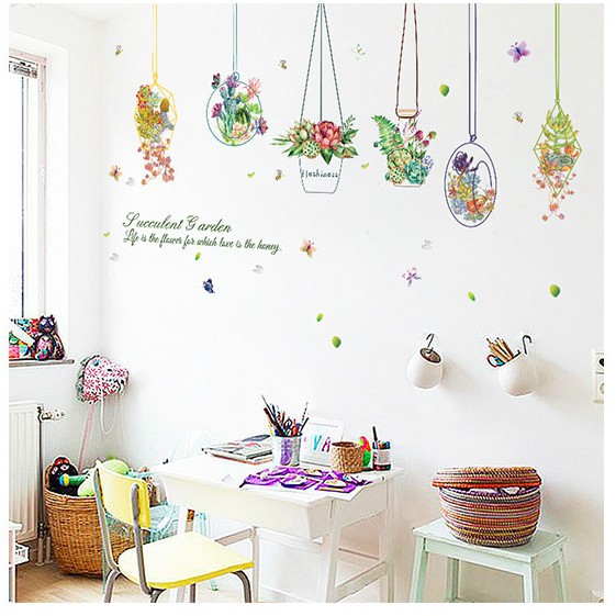 Reliza Wall Sticker Fleshy Plants Pot Gantung Garden Kitchen Stiker Dinding LDR 7226