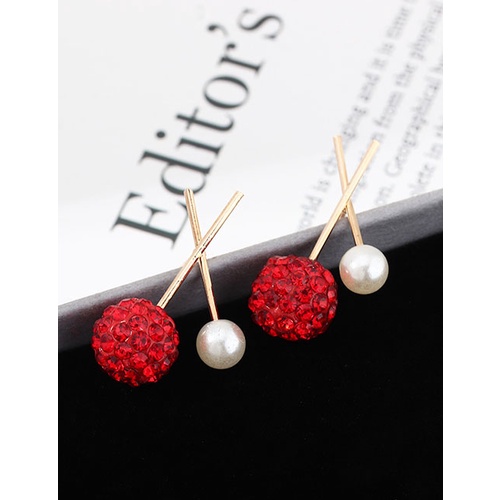 LRC Anting Tusuk Fashion Red Ball And Diamond Cross Earrings With Pearl Alloy K01100