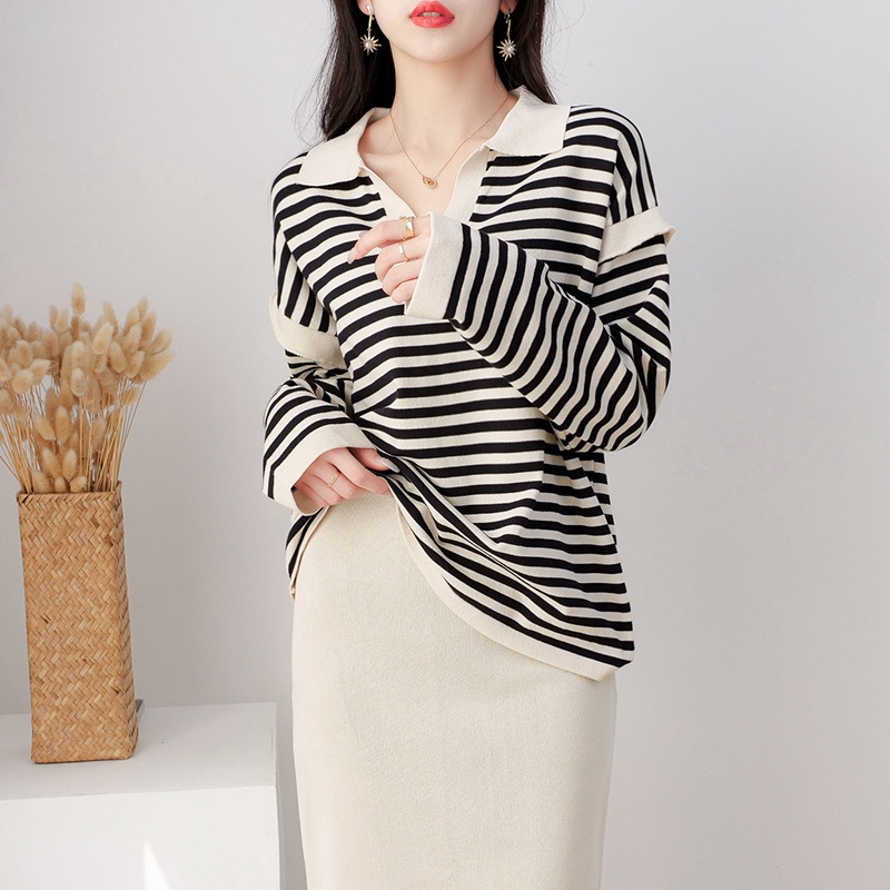 【Elegant】Korean Long Sleeve Turn Down Neck Striped Oversize One Set Sweater &amp; Plain Skirts 7380